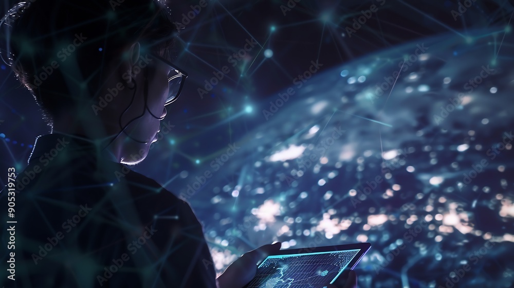Aufkleber Digital technology Cloud and Edge computing technology Internet global network big data management Computer programmer using digital tablet  computer code and global internet network c : Generative AI