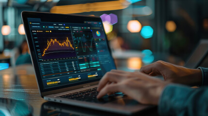 A marketer focused on a laptop screen showing performance metrics of digital ads. Online advertising campaigns and graphical data interface analysis.