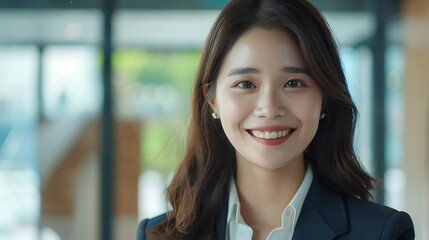 Cheerful business woman working on laptop in office Asian happy beautiful businesswoman in formal suit work in workplace Attractive female employee office worker smile : Generative AI