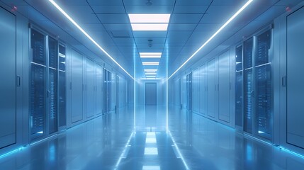 futuristic data center, server room interior, sterile white environment, rows of server racks, glass doors, reflective floor, ceiling light panels, symmetrical composition.