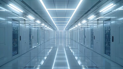 Fototapeta premium futuristic data center, server room interior, sterile white environment, rows of server racks, glass doors, reflective floor, ceiling light panels, symmetrical composition.