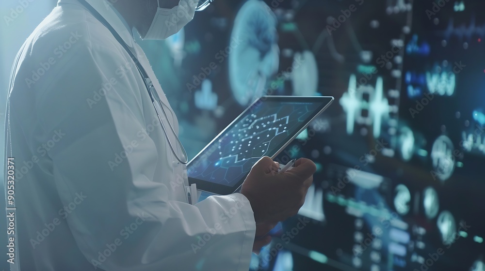 Aufkleber Medical technology EMRs Electronic medical record system concept Doctor using digital tablet laptop computer with electronic health data and  internet network connection virtual hospit : Generative AI