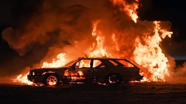Vintage car engulfed in massive flames, dramatic arson or riot scene for news footage