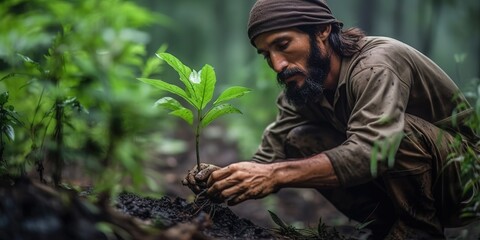 Man planting tree in forest. Environmental conservation