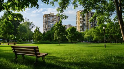 A serene urban park in the summer featuring lush green grass tall trees a wooden bench and modern residential apartment buildings in the background under a clear blue sky : Generative AI