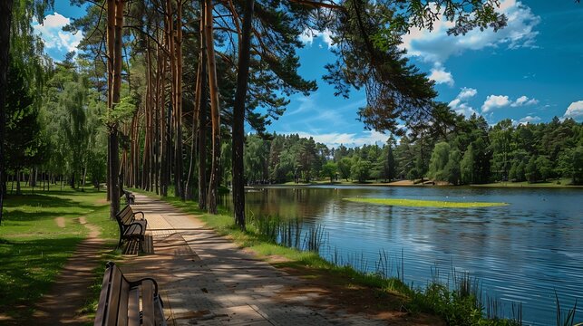 Monrepos Park recreation in the park promenade by the lake natural landscape tourist recreation in the reserve : Generative AI
