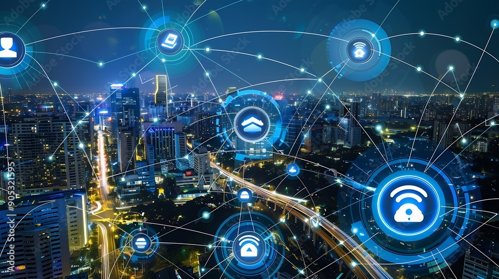 Poster smart city and intelligent communication network of things wireless connection technologies concept 