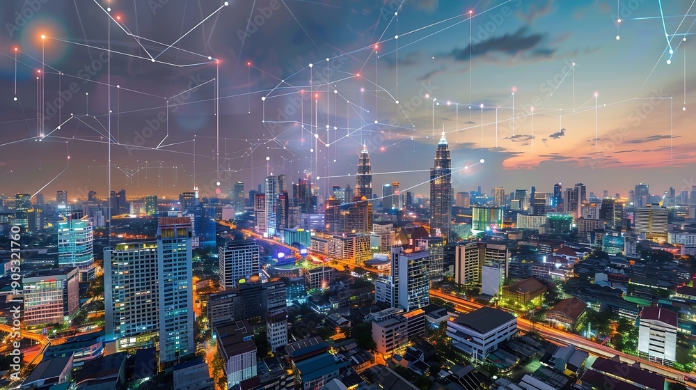 Poster Wireless network and Connection technology concept with Abstract Bangkok city background in panorama view : Generative AI