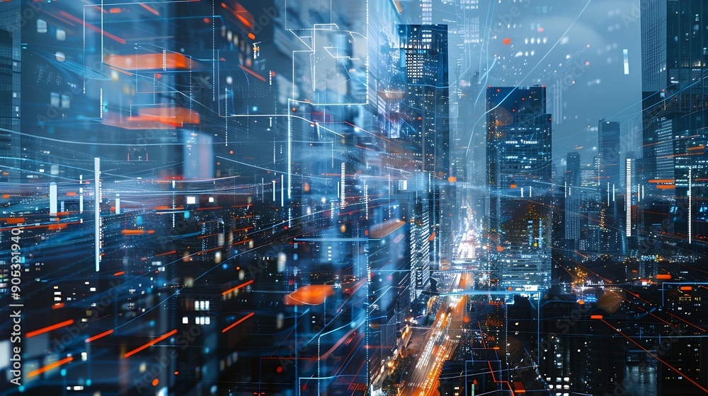 Aufkleber modern city and wireless communication network concept smart city digital transformation visual with