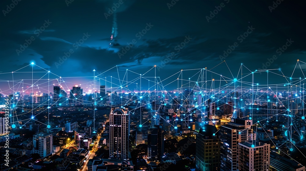 Aufkleber Telecommunication network above city wireless mobile internet technology for smart grid or 5G LTE data connection concept about IoT global business fintech blockchain : Generative AI