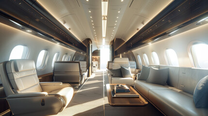 Obraz premium A panoramic view of a luxurious airplane interior, showcasing spacious seats and elegant design during a long-haul flight.