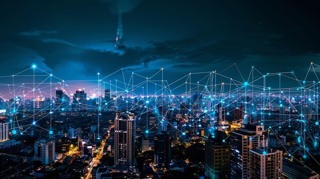 Telecommunication network above city wireless mobile internet technology for smart grid or 5G LTE data connection concept about IoT global business fintech blockchain : Generative AI