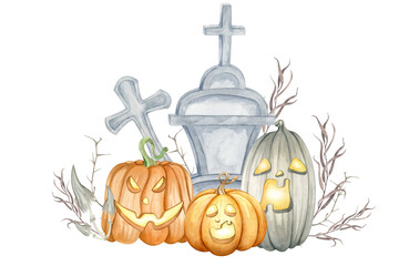 watercolor illustration of Halloween decor element. Hand drawn Halloween collection. Decor of scary pumpkin faces, Cemetery, coffin, horns, raven, witch hat..