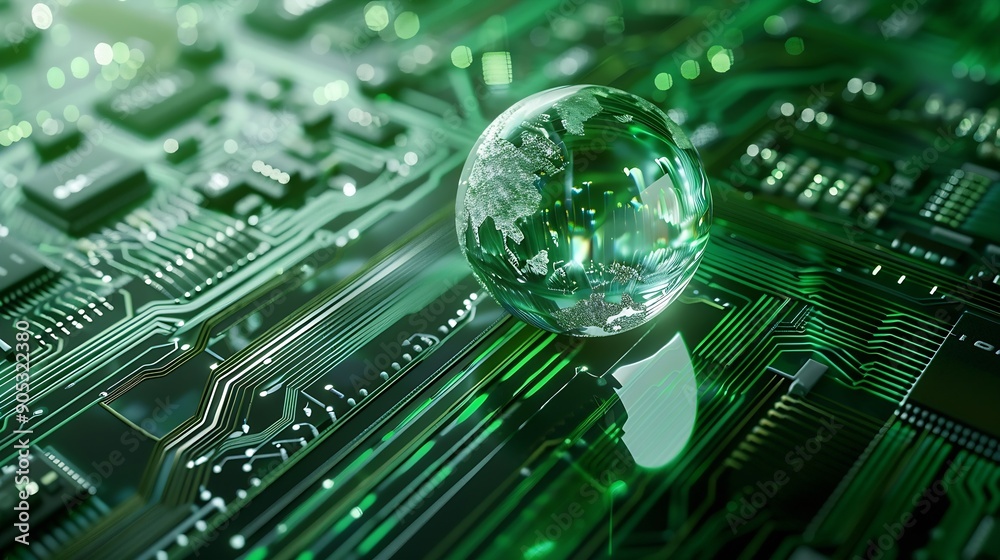 Poster Concept of green technology crystal globe on circuit board technology innovations Environment Green Technology Computer ChipGreen Computing and Technology CSR and IT ethics Ai : Generative AI
