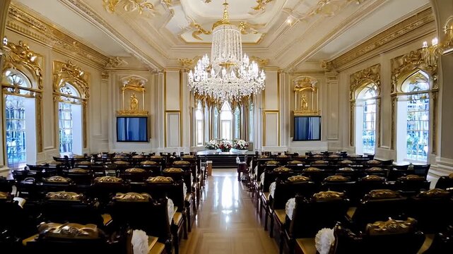 Large fashionable conference presentations hall with rows of armchairs for meeting.