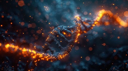 Illuminated DNA Helix with Sparkling Particles. Illuminated DNA helix in a dark background with sparkling particles, showcasing the intricate design and importance of genetic material.