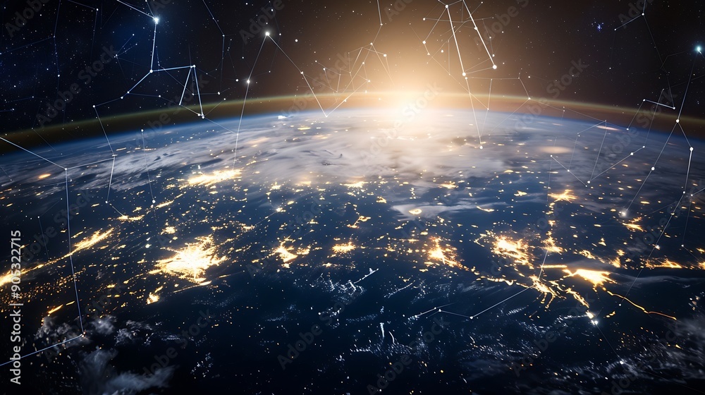 Leinwandbilder Global world network and Communication technology conceptbig dataiot Solutionnew normaldigital twinvrwireless and 5g for internet business on earthElements of this image furnished by N : Generative AI