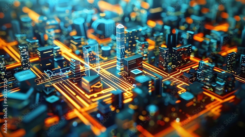 Fototapete Smart digital city with globalization abstract graphic showing connection network  Concept of future 5G smart wireless digital city and social media networking systems : Generative AI
