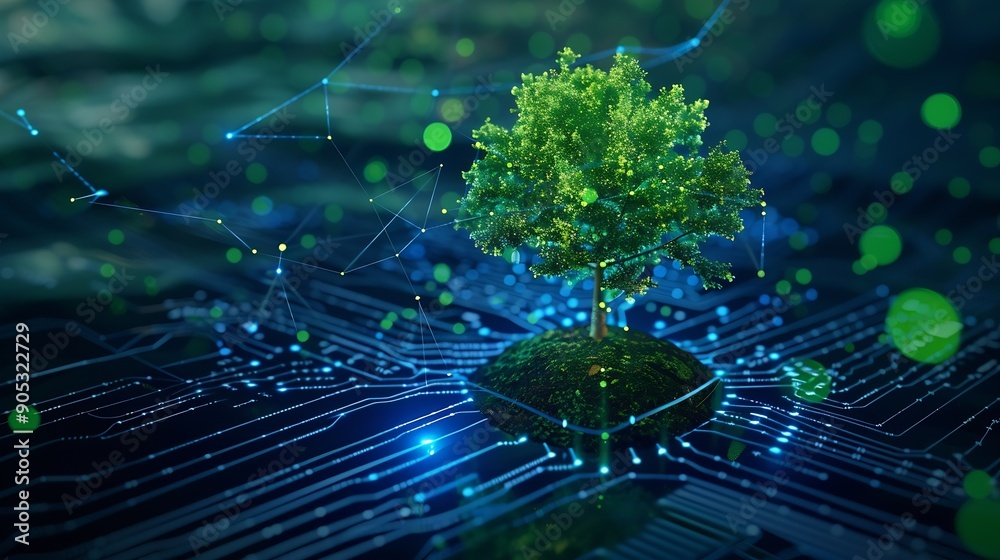 Aufkleber Tree growing on Circuit digital ball Digital and Technology Convergence Blue light and Wireframe network background Green Computing Green Technology Green IT csr and IT ethics Concept : Generative AI