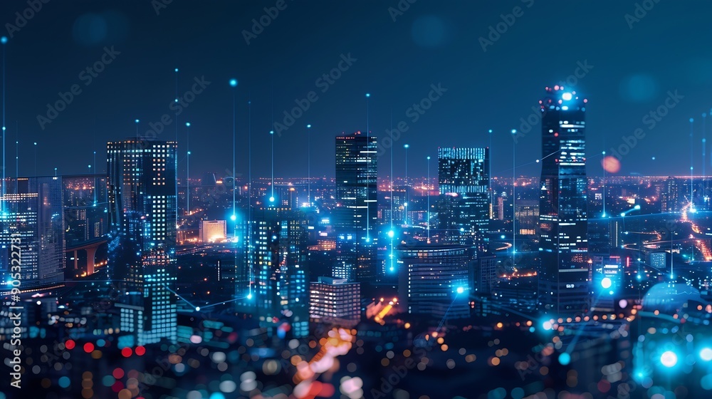 Poster modern cityscape and communication network concept telecommunication iot internet of things ict info