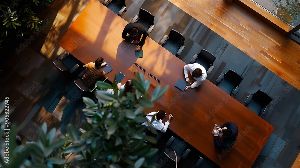 Poster group of business people are gathered in a meeting room discussing and sharing ideas around a large 