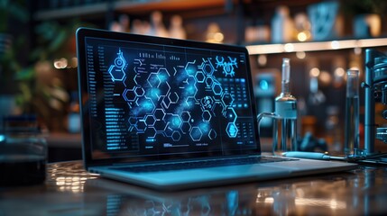 Digital Display of Chemical Structures on Laptop. Laptop screen displaying complex chemical structures in a modern laboratory setting, illustrating digital research and biochemical analysis.