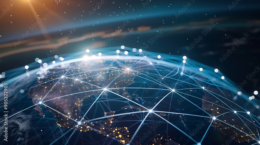 Poster Communication technology with global internet network connected around the world Telecommunication and data transfer international connection links IoT finance business blockchain secu : Generative AI