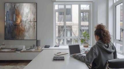 Modern Home Office Setup With Natural Light and Artwork in a Cozy Environment. Generative AI