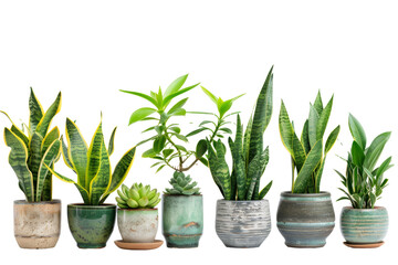 Beautiful house plants in ceramic pots isolated on transparent background, stones flowerpot, 3D rendering