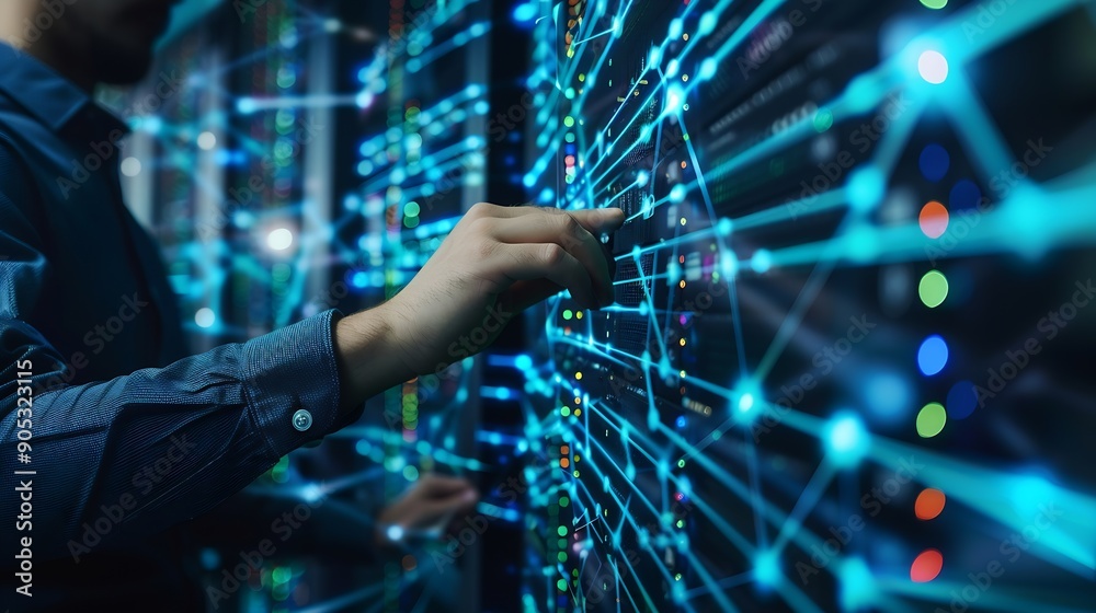 Fototapete Big data digital technology concept Software engineer touching on virtual internet network connection with data center network server innovative futuristic technology background data m : Generative AI