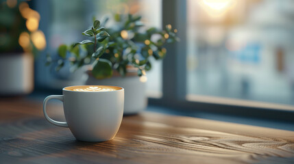 A cozy cafe corner with a cup of espresso featuring intricate latte art, next to a sunlit window and potted plants.