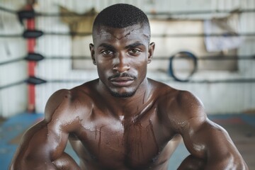A focused male boxer sits in a boxing gym, sweat dripping down his toned physique after an exhaustive training session, embodying strength, focus, and perseverance.