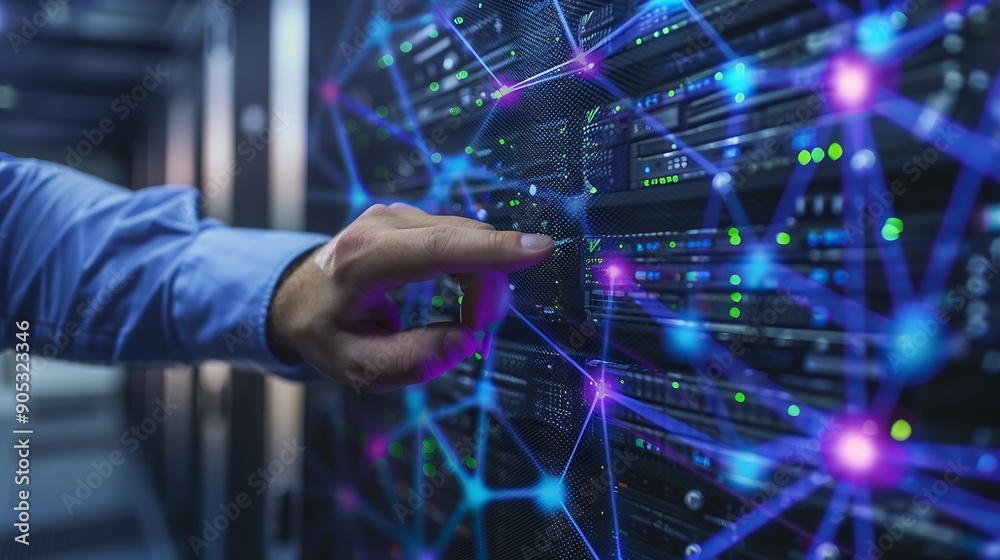 Aufkleber Big data digital technology abstract background data science internet network connection technology concept Man using computer line and dot connection cloud computing innovation techno : Generative AI