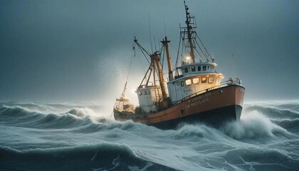 Obraz premium A lone fishing boat braving a foggy, freezing night at sea, surrounded by towering waves and icy mist as it fights against the elements. 