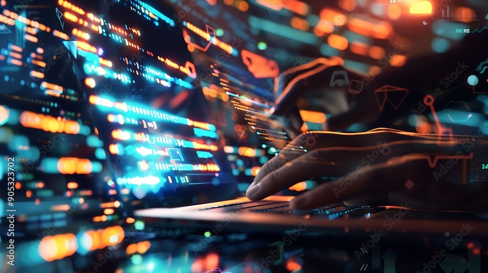 Fototapete Digital technology software development concept Coding programmer software engineer working on laptop with circuit board and javascript on virtual screen internet of things IoT : Generative AI