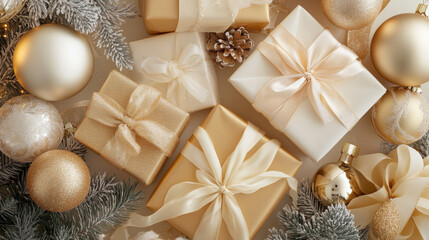 A top view of gift packages in rich gold and white, with delicate silk ribbons, surrounded by high-end tree trimmings and glittering ornaments. The overall appearance is one of festive luxury.