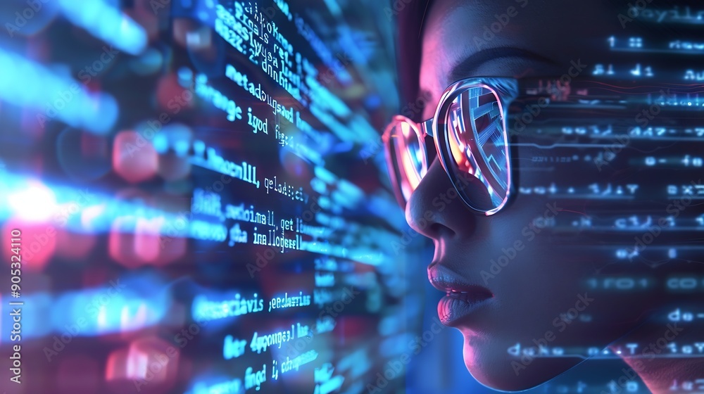 Aufkleber Software coding hologram and woman on tablet thinking of data analytics digital technology and night overlay Programmer or IT person in glasses on 3d screen programming and cybersecuri : Generative AI