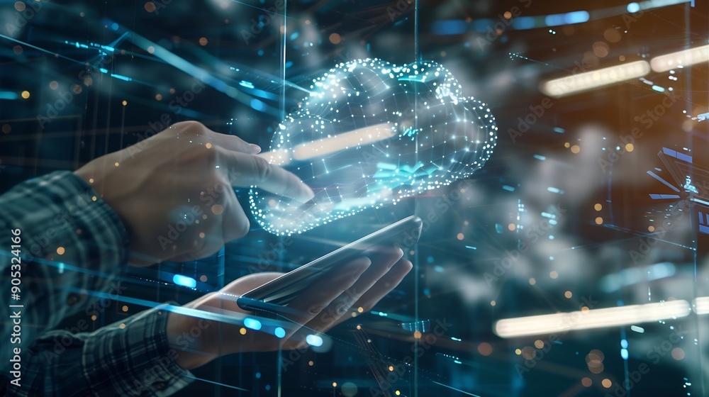 Fototapete Digital technology cloud computing concept Software engineer using mobile smart phone and laptop computer with global network connection Technology innovative and communication concept : Generative AI