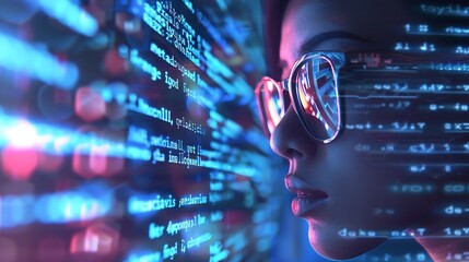Software coding hologram and woman on tablet thinking of data analytics digital technology and night overlay Programmer or IT person in glasses on 3d screen programming and cybersecuri : Generative AI