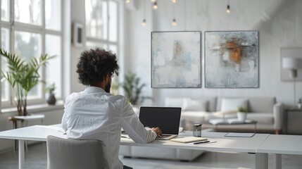 Young Professional Working on Laptop in Modern Office Space With Stylish Decor. Generative AI