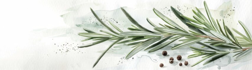 Fresh Organic Rosemary and Pepper Leaves, vibrant green hues, fragrant herbs, essential culinary ingredients, ideal for cooking, elegant presentation on a clean white backdrop