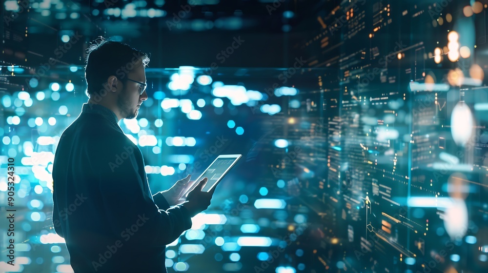 Aufkleber Digital transformation technology era abstract tech background metaverse Man using digital tablet with future technology IoT internet of things future AI technology smart device social : Generative AI