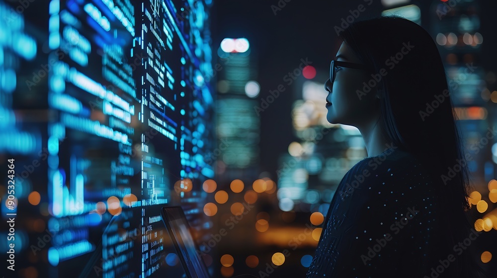Aufkleber Computer code hologram and woman thinking of data analytics information technology or software overlay at night Laptop solution and IT people with algorithm statistics and cybersecurit : Generative AI