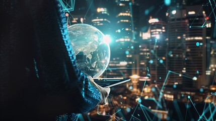 Fototapeta premium Digital marketing data exchange global business Businessman using digital tablet computer double exposure with smart city online marketing data transfer global internet network technol : Generative AI