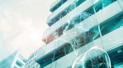 Abstract virtual medical hologram on modern architecture background online medical consulting concept Multiexposure : Generative AI