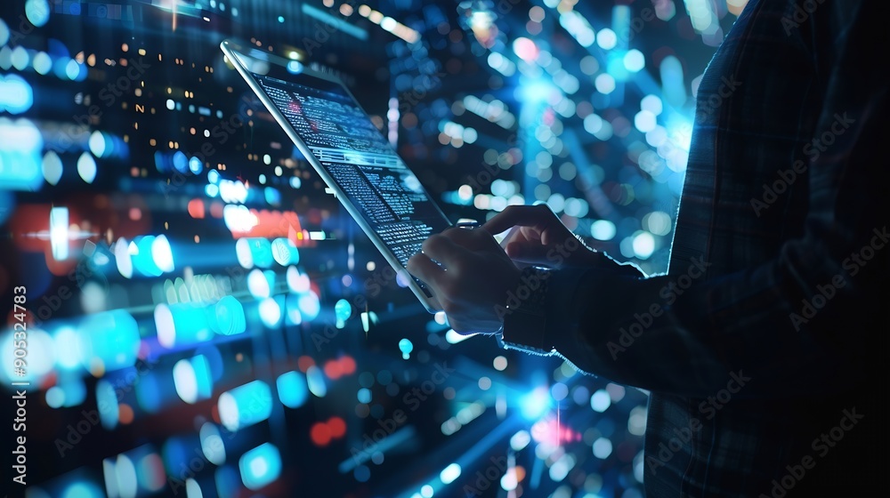 Fototapete Data science digital technology big data management concept Computer programmer software engineer using digital tablet with internet network connection software technology and developm : Generative AI