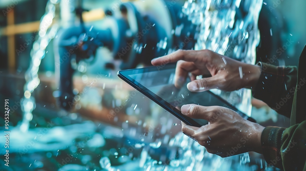 Poster Photo of person using a tablet on water pump background person working on a digital tablet : Generative AI