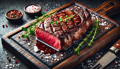 Gourmet Steak on Wooden Board