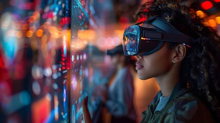 Students Using VR Headsets in a Futuristic Classroom Setting