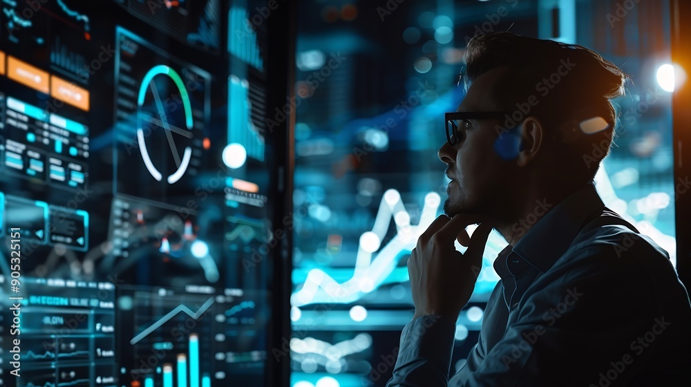 Fototapete Businessman using analytics data KPI technology and data management system Corporate strategy for finance operations sales marketing : Generative AI